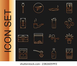 Set line Open matchbox and matches, Marijuana or cannabis plant in pot, Medicine pill tablet, Cigar with smoke, Smoking pipe, Blade razor, Opium poppy and Lighter icon. Vector