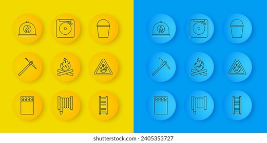 Fijar la línea Abrir cerillas y cerillas, Pickaxe, Fogata, Fuego de Fuego, Llama en triángulo, Casco de bomberos, Cubo y Icono de la campana de alarma. Vector