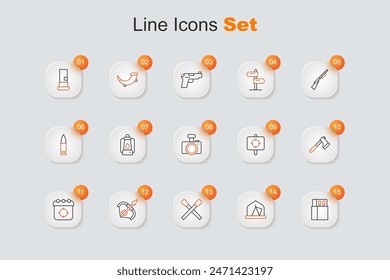 Set line Open matchbox and matches, Tourist tent, Burning with fire, Medieval bow arrow, Target sport, Wooden axe,  and Photo camera icon. Vector