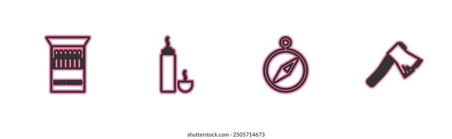 Abra la caja de fósforos y fósforos, brújula, recipiente Thermos e icono de hacha de madera vieja. Vector