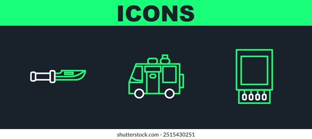 Zeile öffnen Streichholzschachtel und Streichhölzer, Camping-Messer und Rv-Trailer-Symbol. Vektorgrafik