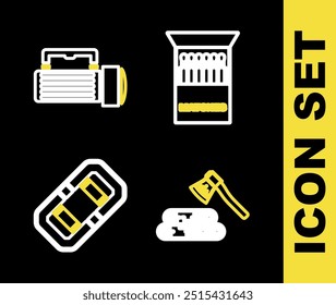 Abra la caja de fósforos y fósforos, madera de hacha de madera, barco de rafting e icono de linterna. Vector