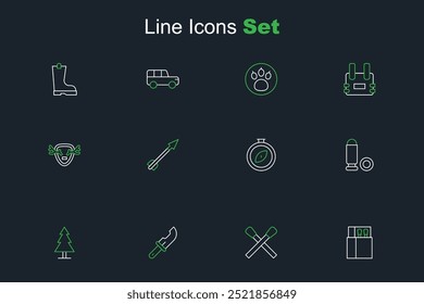 Abra la caja de fósforos y fósforos, ardiendo con fuego, cuchillo de cazador, árbol, bala, brújula, flecha medieval y cuernos de ciervo en el icono del escudo. Vector