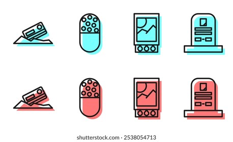 Set line Open matchbox and matches, Cocaine and credit card, Medicine pill or tablet and Tombstone with RIP written icon. Vector