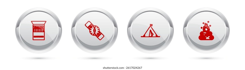 Set line Open matchbox and matches, Compass, Tourist tent with flag and Campfire. Silver circle button. Vector
