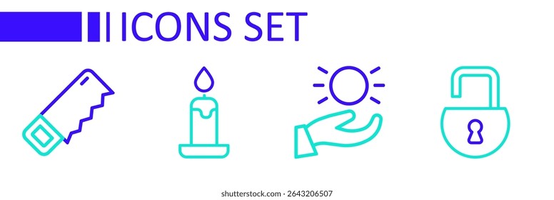 Set line Open padlock, Ball levitating above hand, Burning candle and Hand saw icon. Vector