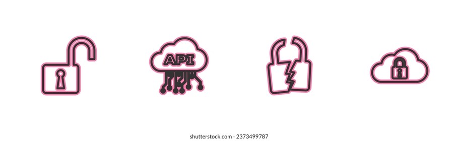 Fijar línea Abrir candado, Roto o agrietado, interfaz de api en la nube e icono de computación. Vector
