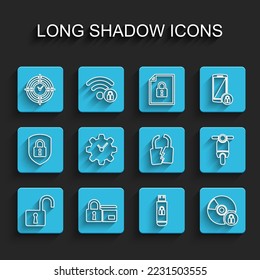 Set line Open padlock, Credit card with, Time Management, USB flash drive, CD or DVD disk, Scooter and Broken cracked icon. Vector