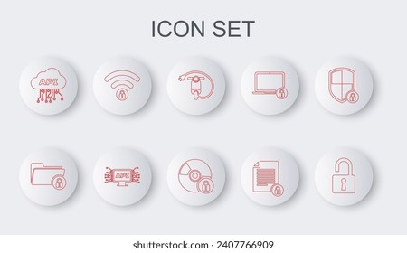 Set line Open padlock, Folder and, Electric scooter, Document, Cloud api interface, Wifi locked, Computer and CD or DVD disk with icon. Vector