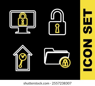 Set line Open padlock, Folder and, Retro wall watch and Lock on monitor icon. Vector