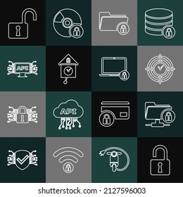 Fijar línea Abrir candado, carpeta FTP y, Administración de tiempo, Carpeta, Mirador de pared retro, Interfaz de api del equipo e icono de Laptop. Vector