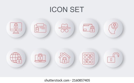Set line Open Padlock, Global lockdown, Incognito Modus, Graphic Password Protection, Lock Computer Monitor, Identification Badge, Laptop und Haus unter dem Symbol. Vektorgrafik