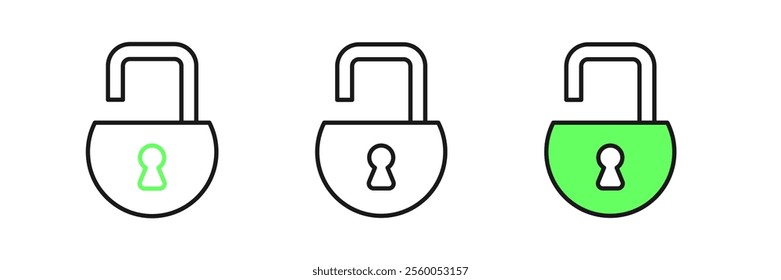 Set line Open padlock icon isolated on white background. Opened lock sign. Cyber security concept. Digital data protection.  Vector