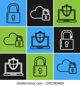 Set line Open padlock , Laptop protected with shield and Cloud computing lock  icon. Vector
