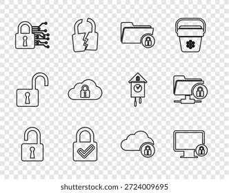Set line Open padlock, Lock on monitor, Folder and, check mark, Cyber security, Cloud computing,  and FTP folder icon. Vector