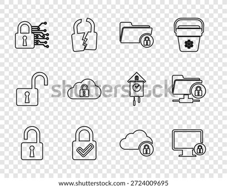 Set line Open padlock, Lock on monitor, Folder and, check mark, Cyber security, Cloud computing,  and FTP folder icon. Vector