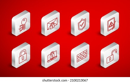 Set line Open padlock, Mail message password, Shield with check mark, Tablet exclamation, Firewall, security wall, Cryptocurrency key, Laptop and and Lock icon. Vector