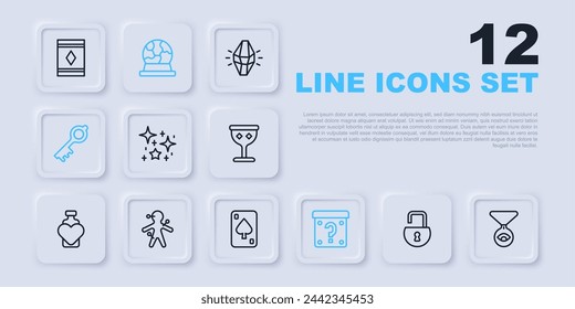 Set line Open padlock, Medallion on chain with eye, Magical glitter particles, Mystery box, Old magic key, Voodoo doll, ball and Playing cards icon. Vector