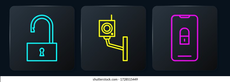 Set line # Open padlock, Mobile with closed padlock and Security camera. Black square button. Vector