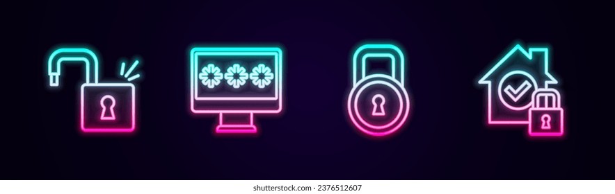 Set line Open padlock, Monitor with password, Lock and House under protection. Glowing neon icon. Vector
