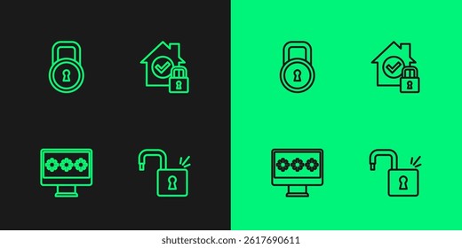 Set line Open padlock, Monitor with password, Lock and House under protection icon. Vector