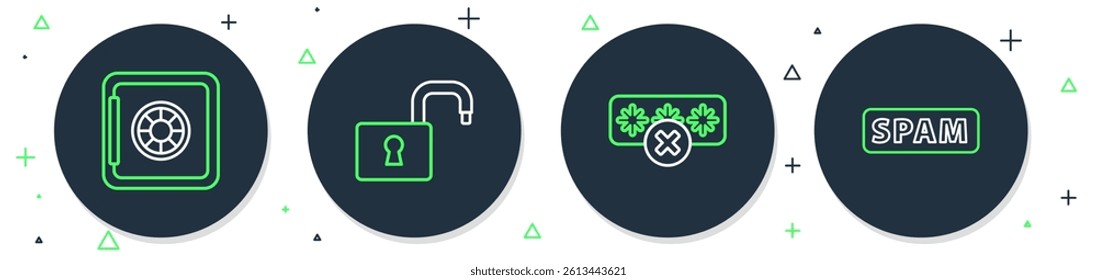 Set line Open padlock, Password protection, Safe and Spam icon. Vector