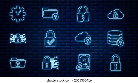 Set line Open padlock, Server security with, Broken or cracked, Lock and check mark, Cyber, Time Management, Cloud computing and Folder icon. Vector