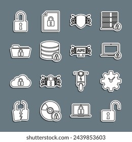 Establecer línea Abrir candado, Gestión del tiempo, Portátil y, Ciberseguridad, Servidor con, Carpeta, y PC api interfaz icono. Vector