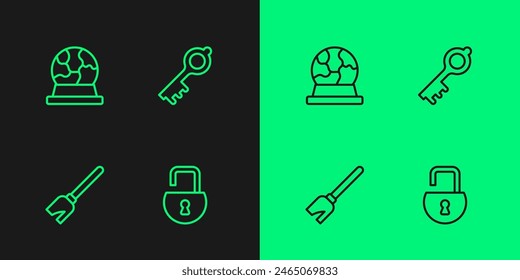 Abrir candado, escoba de brujas, bola mágica e icono de llave mágica antigua. Vector