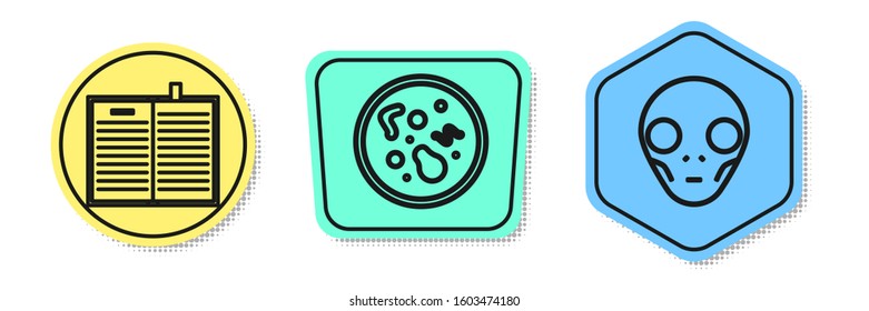 Set line Open science book, Bacteria and Extraterrestrial alien face. Colored shapes. Vector