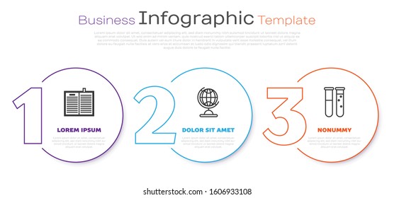 Set line Open science book, Earth globe and Test tube and flask chemical laboratory. Business infographic template. Vector