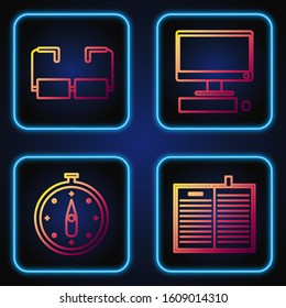 Set line Open science book, Compass, Glasses and Computer monitor with keyboard and mouse. Gradient color icons. Vector