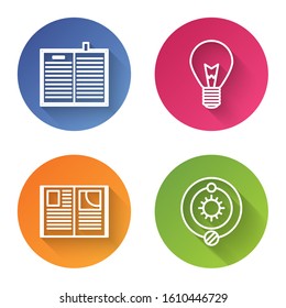Set line Open science book, Light bulb with concept of idea, Open book and Solar system. Color circle button. Vector