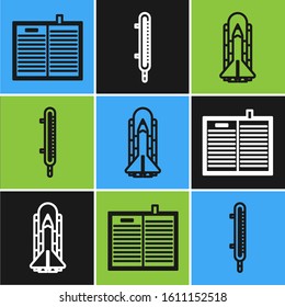 Set line Open science book, Space shuttle and rockets and Meteorology thermometer measuring icon. Vector