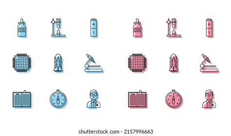 Set line Open science book, Compass, Glass bottle with pipette, Scientist, Space shuttle and rockets, Microscope, Processor and test tube flask on fire heater icon. Vector