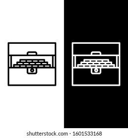 Set line Opened antique treasure chest icon isolated on black and white background. Vintage wooden chest with golden coin.  Vector Illustration