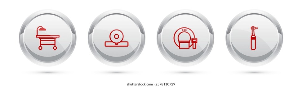 Set line Operating table, Otolaryngological head reflector, Tomography and Tooth drill. Silver circle button. Vector