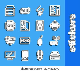 Set line Optical disc drive, Router and wi-fi signal, Processor with CPU, Computer mouse, Case of computer, Server, Data, Web Hosting and Hard disk HDD icon. Vector