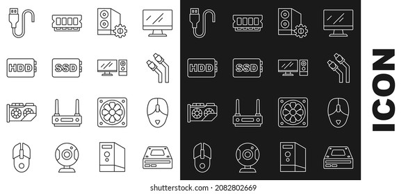 Set line Optical disc drive, Computer mouse, LAN cable network internet, Case of computer, SSD card, Hard disk HDD, USB cord and monitor icon. Vector