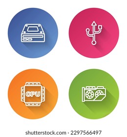 Ajuste la línea Unidad de disco óptico, USB, Procesador con CPU y tarjeta gráfica de vídeo. Botón de círculo de color. Vector
