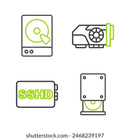 Set line Optical disc drive, SSHD card, Video graphic and Hard disk HDD icon. Vector