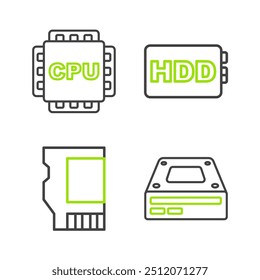 Set line Optical disc drive, SD card, Hard disk HDD and Processor with CPU icon. Vector