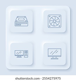 Set line Optical disc drive, Computer cooler, monitor and screen. White square button. Vector