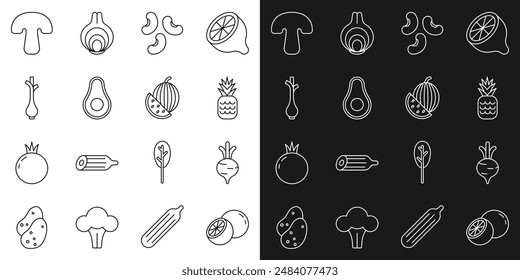 Set line Orange fruit, Beet, Pineapple, Beans, Avocado, Fresh green onions, Mushroom and Watermelon icon. Vector