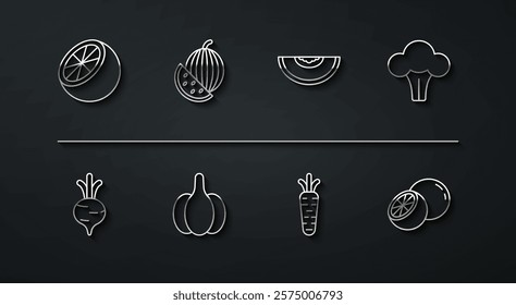 Set line Orange fruit, Beet, Broccoli, Carrot, Garlic, Watermelon,  and Melon icon. Vector