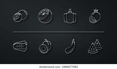 Set line Orange fruit, Cabbage, Tomato, Eggplant, Plum, Watermelon and Bell pepper icon. Vector