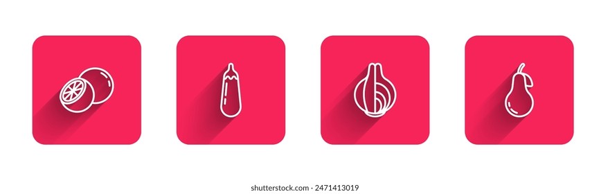 Set line Orange fruit, Eggplant, Onion and Pear with long shadow. Red square button. Vector