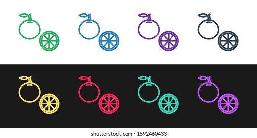 Set line Orange fruit icon isolated on black and white background.  Vector Illustration