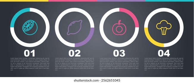 Set line Orange fruit, Lemon, Peach and Broccoli. Business infographic template. Vector