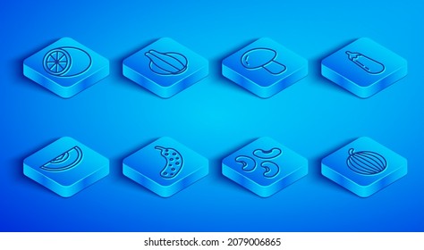 Set line Orange fruit, Onion, Mushroom, Fresh cucumber, Beans, Eggplant, Melon and Watermelon icon. Vector